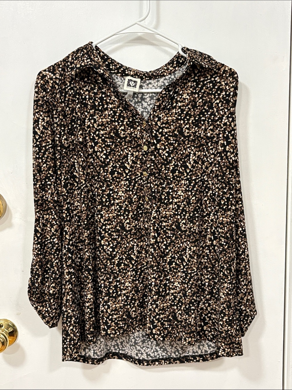 Womens Black and Brown Button-Front Blouse